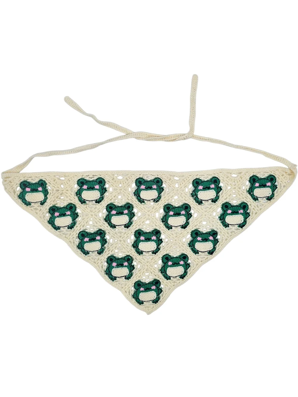 Crochet Frog Bandana Head Scarf Cream Green Cottagecore Fairy Grunge Goblincore